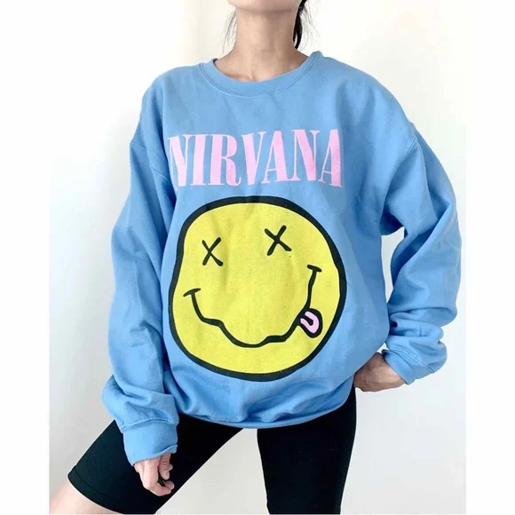 NIRVANA SMILEY FLEECES CREW NECK SWEATER - BABY BLUE SIZE L - Picture 2 of 5